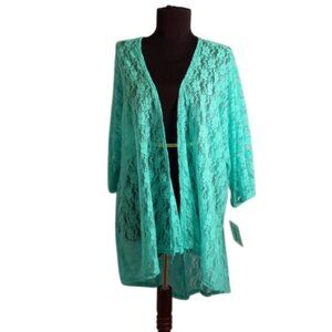 LuLaRoe Size L Womens Kimono Cardigan Turquoise Lace Open Front Cover-Up NEW